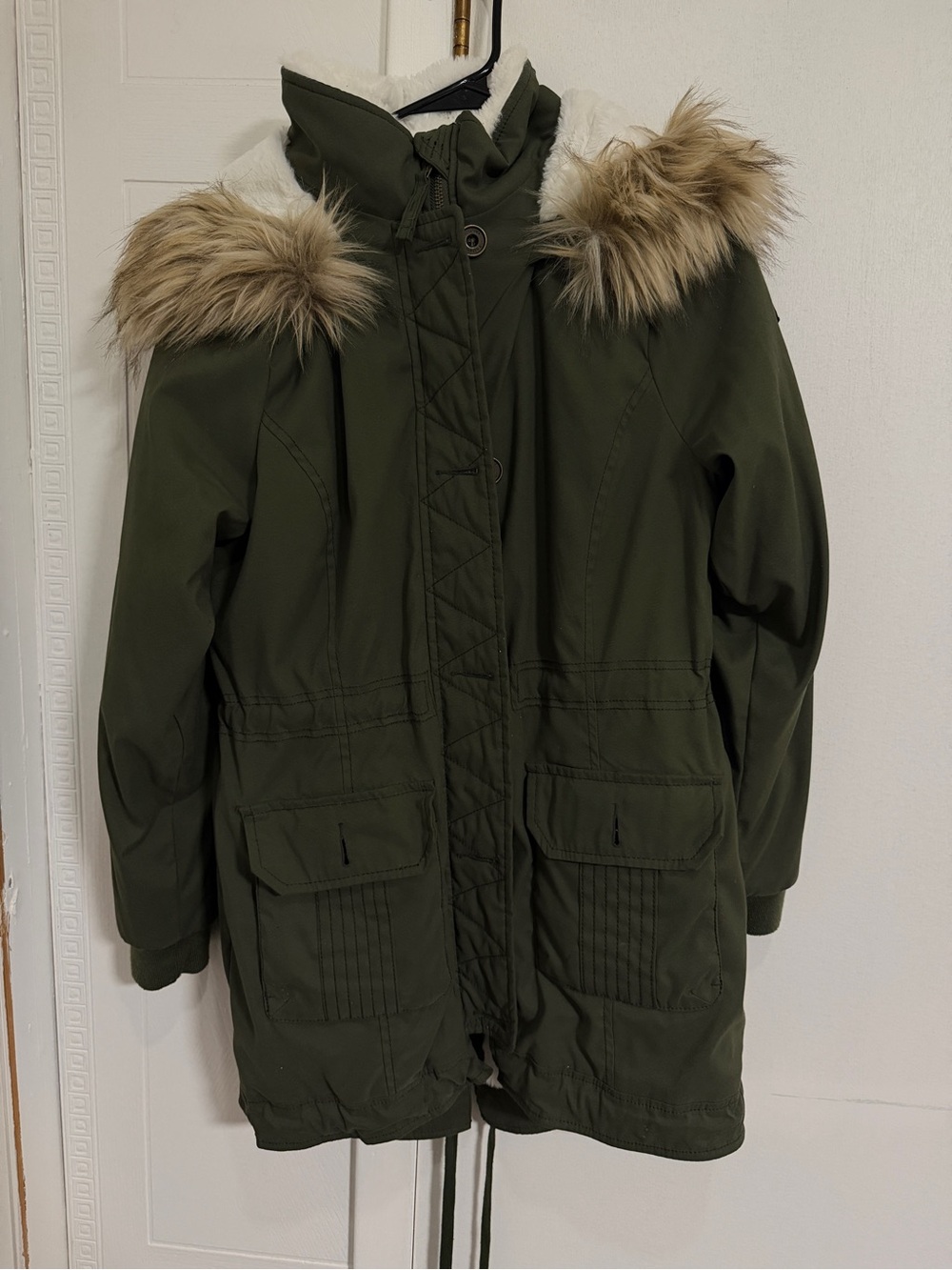 Hollister Olive Green Puffer Parka with Faux Fur Hood